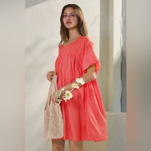 Oddi Poplin & Knit Jersey Babydoll Mini Dress Sunset Coral